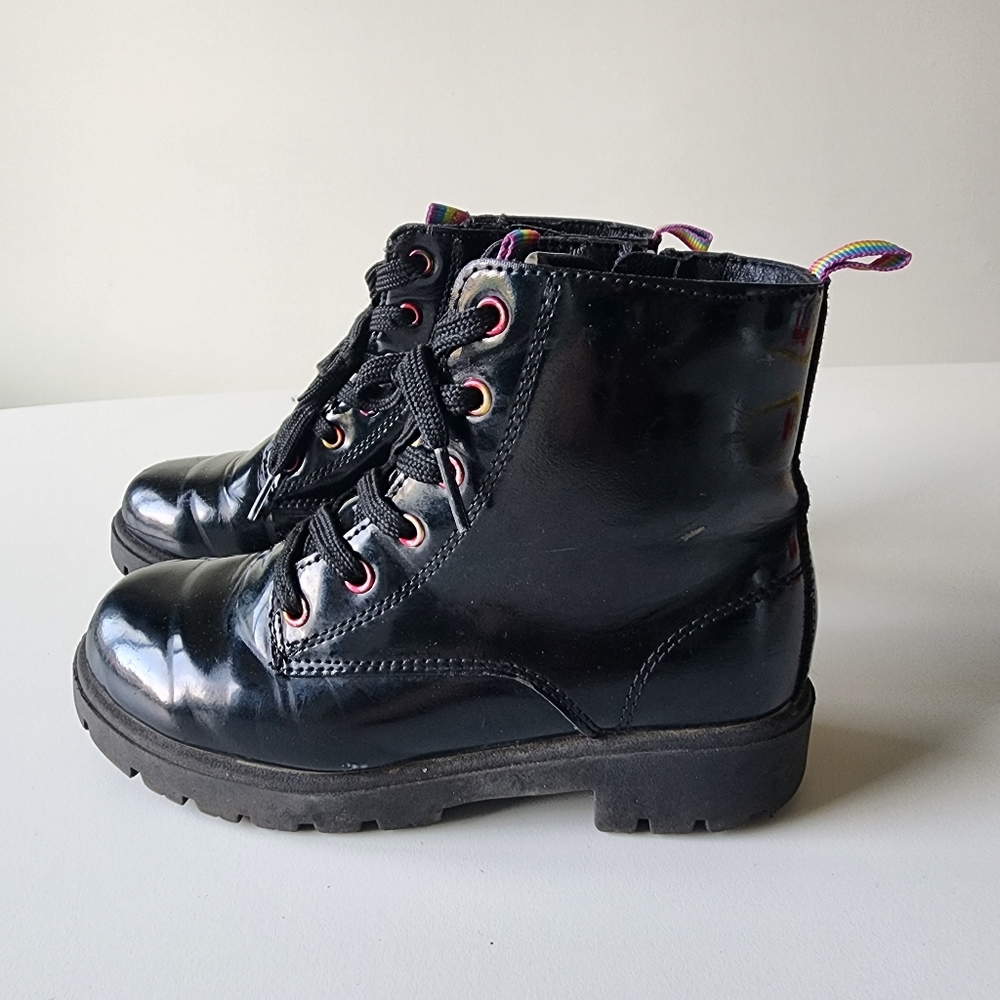 Joe Fresh Combat Boots Kids Size 2 Black Patent‎ Rainbow Trim Lug Sole Goth Punk